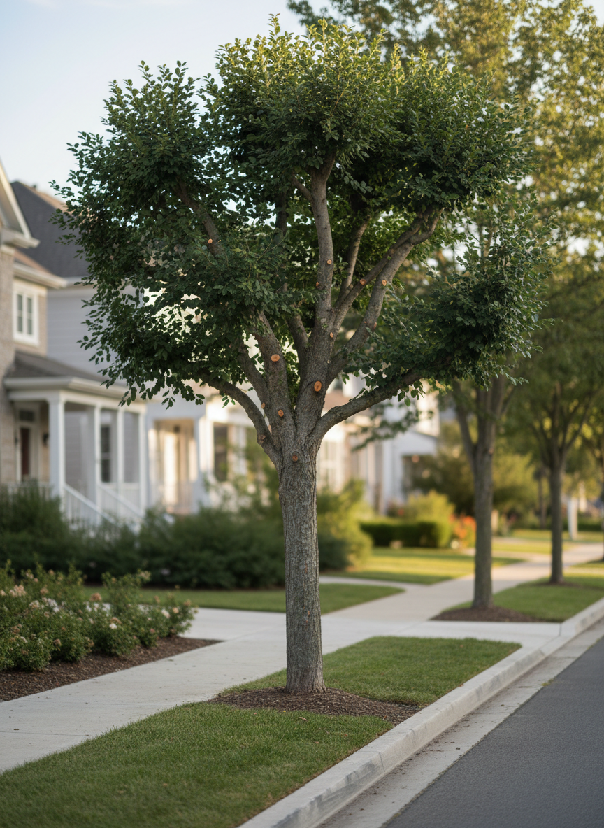 Un robusto árbol urbano de copa amplia, con hojas verde intenso y tronco grisáceo texturizado, recién podado con cortes limpios y simétricos. Se alza junto a una acera impecable y un bordillo de cemento claro, rodeado de césped bien recortado y un parterre de arbustos alineados. La escena se desarrolla en una calle residencial ordenada, con fachadas de casas desenfocadas al fondo. Luz natural de última hora de la tarde baña el árbol, creando reflejos suaves en las hojas y sombras definidas sobre el suelo. Composición fotográfica profesional a nivel de ojo, con el árbol en regla de tercios y fondo ligeramente desenfocado para resaltar el trabajo de poda, estilo realista, limpio y moderno, que transmite seguridad y cuidado experto.