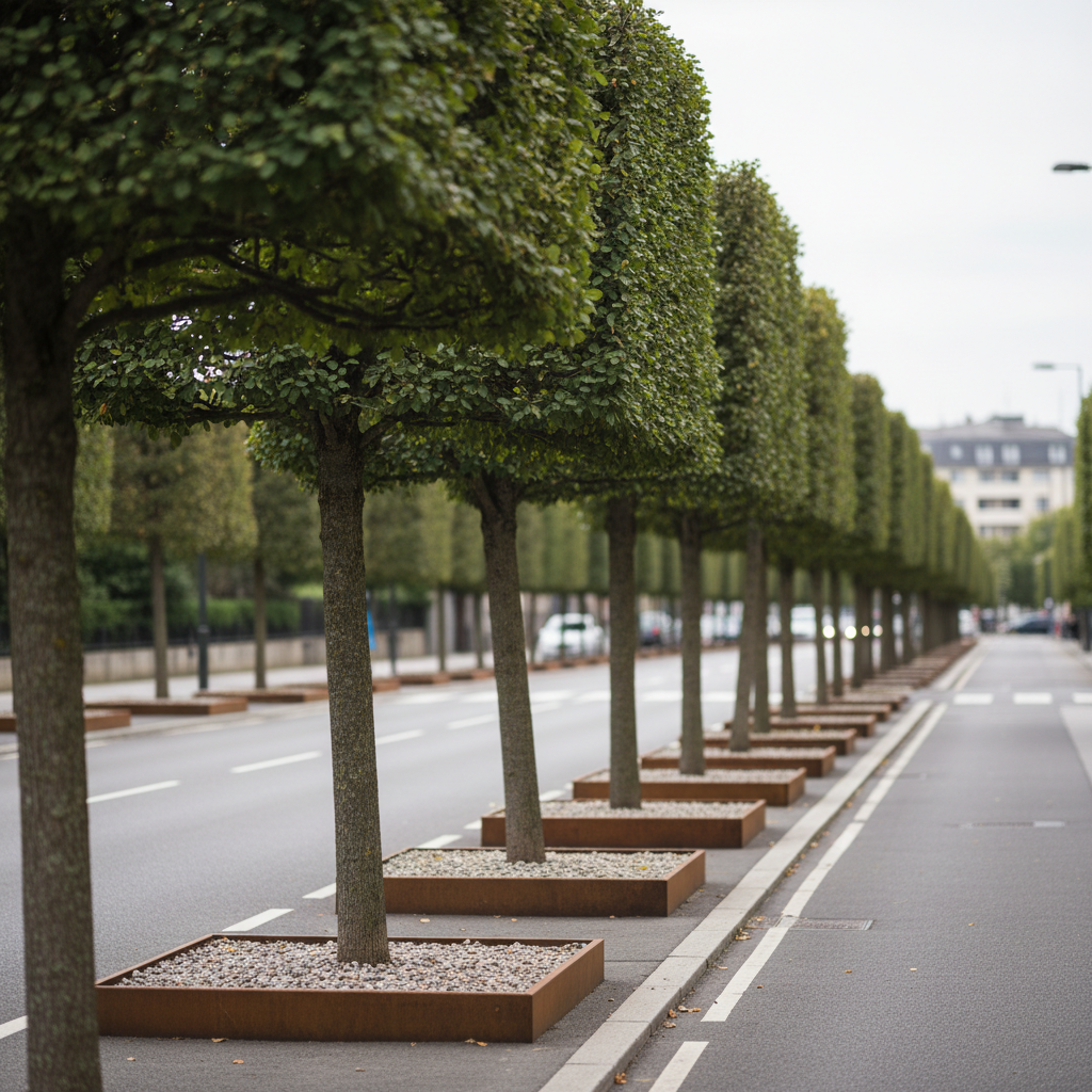 Una hilera de árboles alineados en una avenida residencial, cada uno con su copa cuidadosamente formada en forma ovalada y ramas internas limpias, mostrando una poda estructural impecable. Los troncos, de tonos marrón claro y corteza ligeramente rugosa, surgen de alcorques rectangulares con grava ordenada y bordes de acero corten. La calzada y las aceras están limpias, con marcas viales nítidas desenfocadas al fondo. Luz de día ligeramente nublada proporciona iluminación uniforme y sin brillos, resaltando la textura de la corteza y el volumen de las copas. La toma es panorámica a nivel de calle, con perspectiva que se pierde en la distancia, enfatizando repetición y orden. Estilo fotográfico realista y profesional, con atmósfera de ciudad bien gestionada y servicio de poda experto y planificado.