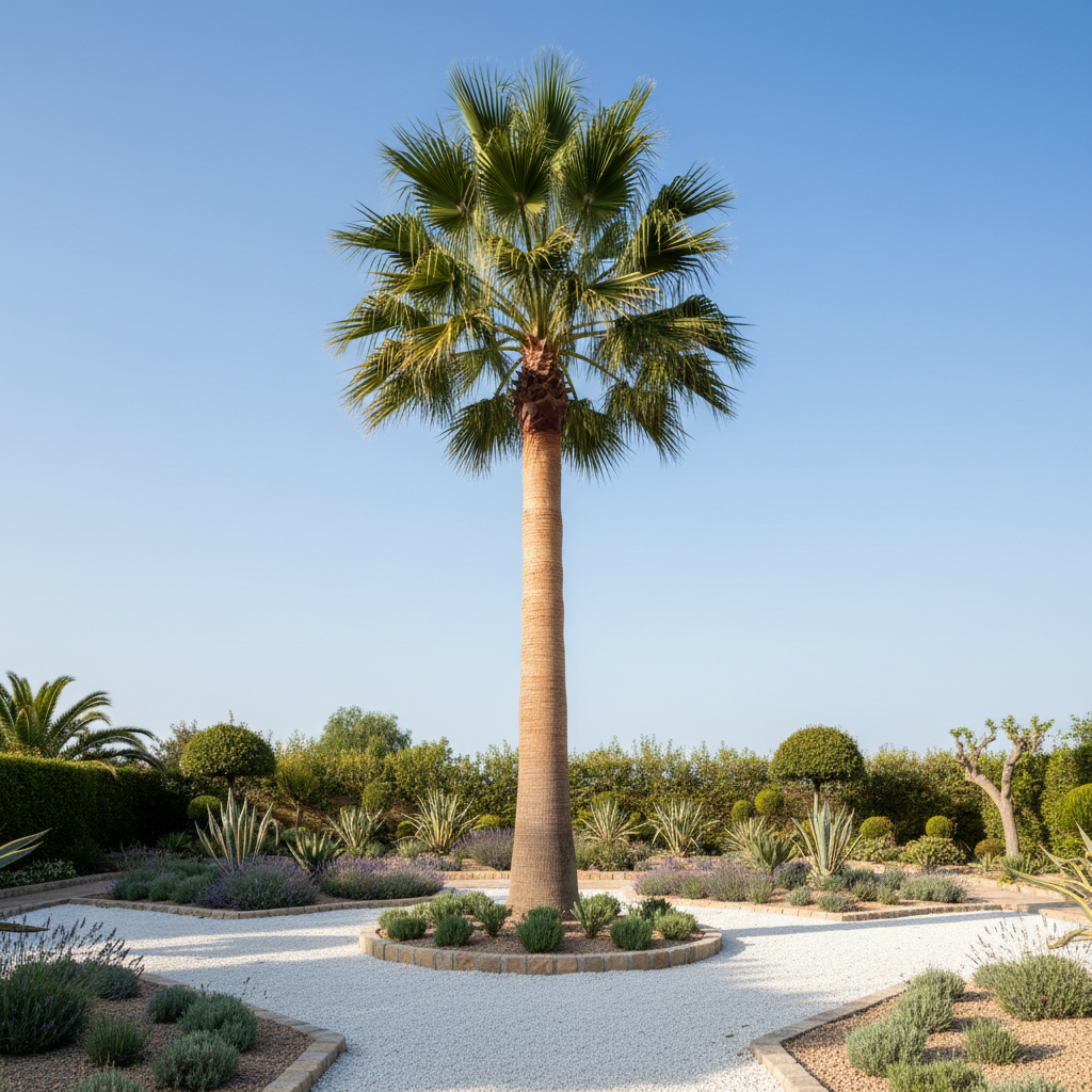 Una elegante palmera datilera de tronco anillado color arena, con corona de frondas verdes perfectamente saneadas y sin hojas secas, se eleva en el centro de un jardín mediterráneo ordenado. A su alrededor, grava blanca cuidadosamente distribuida, borduras de piedra natural y macizos de plantas xerófitas bien formadas. El cielo azul claro ocupa la parte superior de la imagen, sin nubes, reforzando la sensación de clima cálido. La luz es de mañana, nítida pero suave, produciendo sombras alargadas y contrastes moderados. La cámara se sitúa ligeramente baja, enfatizando la altura y silueta de la palmera, con composición vertical y enfoque nítido en toda la escena. Estilo fotográfico profesional, realista, sobrio y muy pulcro, que comunica especialización en palmeras y mantenimiento de alto nivel.