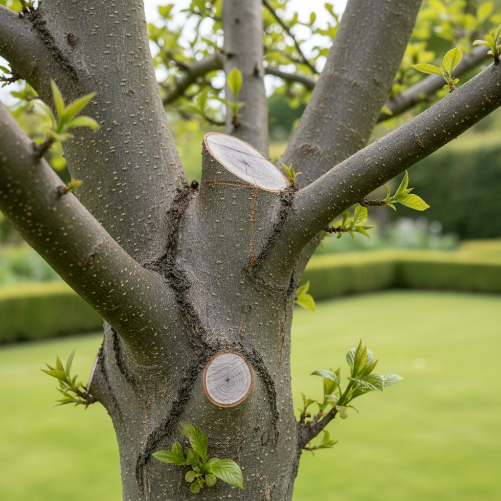 Un primer plano de un tronco de árbol grueso, mostrando detalle extremo de la corteza gris-marrón y varios cortes de poda recientes, perfectamente limpios, inclinados y sellados, sin astillas ni desgarros. Alrededor del tronco se aprecian ramas secundarias bien distribuidas, con brotes verdes y hojas sanas, evidenciando un trabajo técnico cuidadoso. El fondo muestra un jardín residencial elegante y desenfocado, con césped verde uniforme y setos recortados. La escena está iluminada por luz natural filtrada a través del follaje, generando reflejos suaves sobre los cortes y sombras delicadas en la corteza. Fotografía en estilo macro-profesional, con profundidad de campo muy reducida que centra toda la atención en la calidad de la poda. Estética limpia, técnica y didáctica, ideal para ilustrar la importancia de cortes correctos y profesionales.